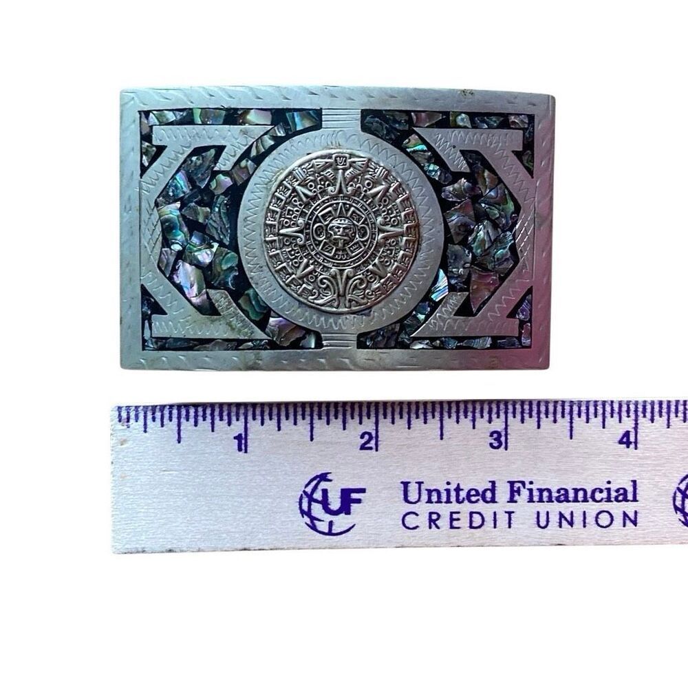 Vintage Mexican Silver And Abalone Belt Buckle Shell The Aztec Calander vtg - Picture 4 of 11